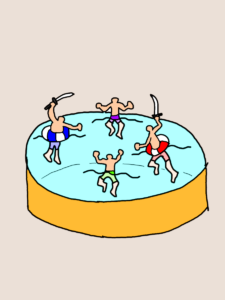 海水パンツで戦い合う死の賭けデッド・プールのイメージイラスト